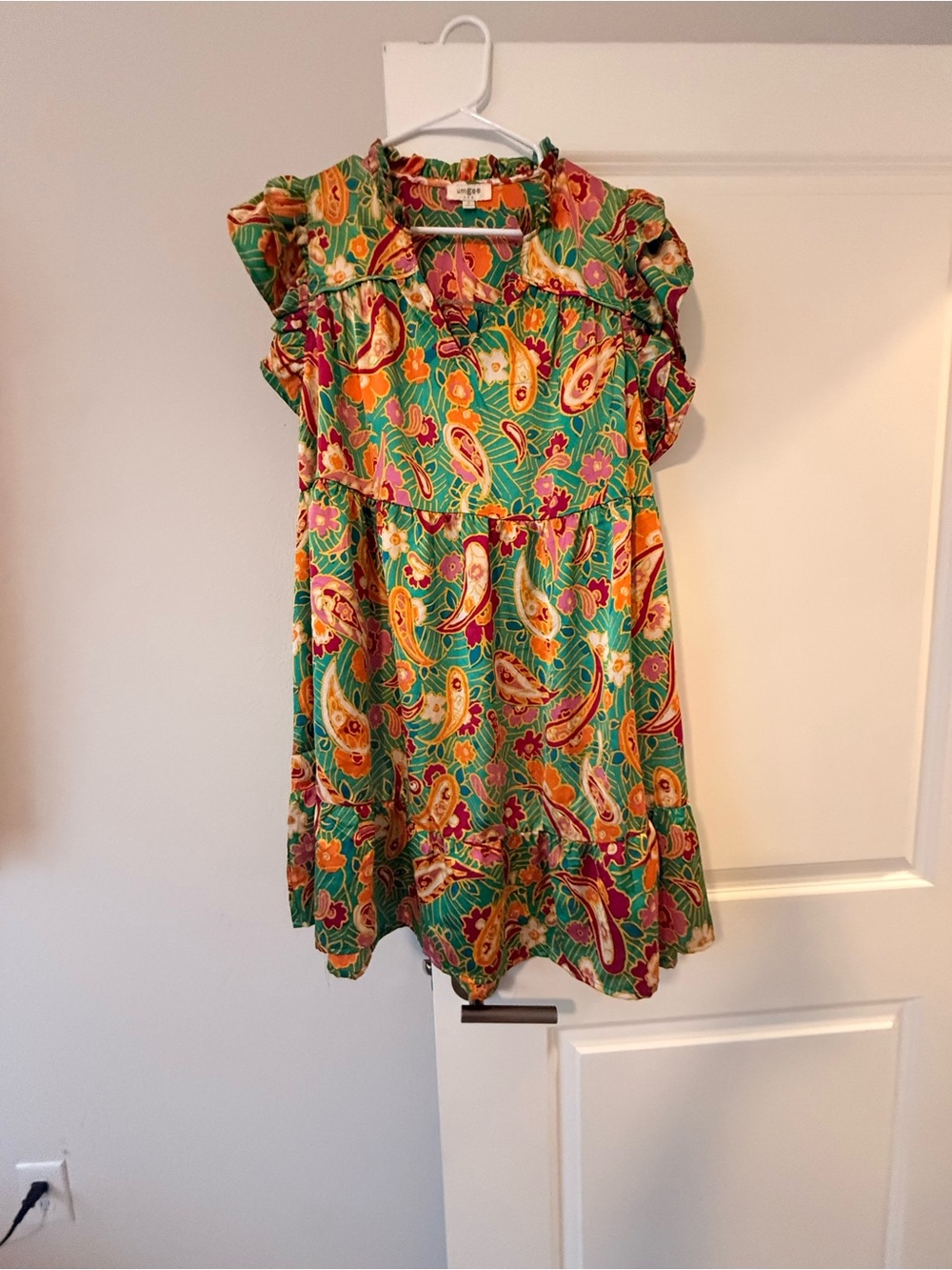 Umgee Green Paisley Mini Dress with Yellow and Pink Accents